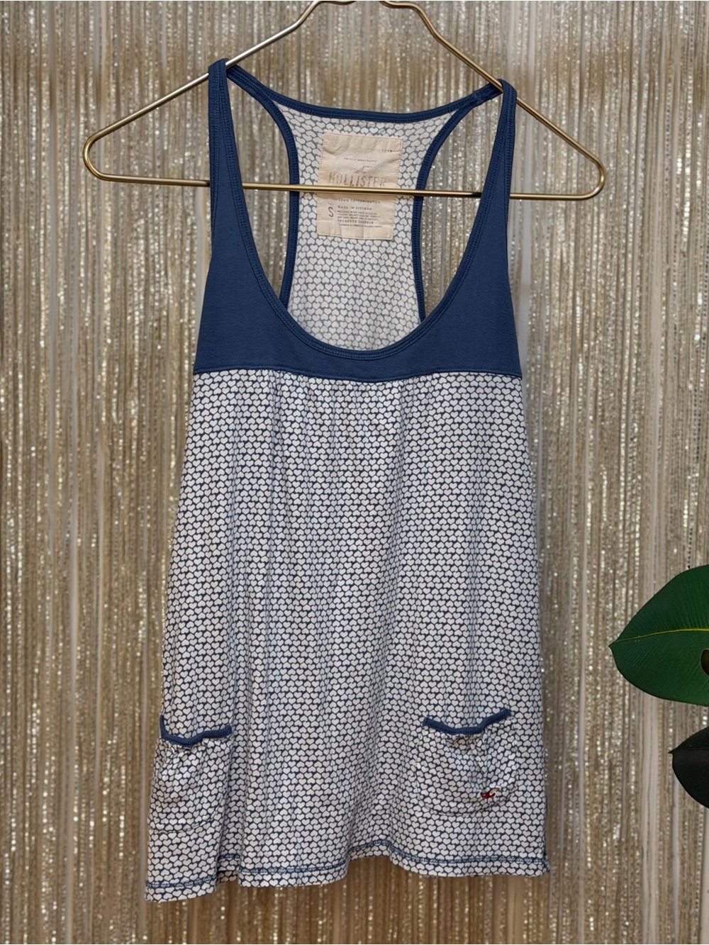 Vintage Hollister Navy Blue Heart Print Racerback Tank Top Pockets Small S Y2K